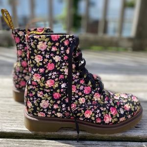 Dr. Martens black floral canvas high top boot “with bouncing soles”